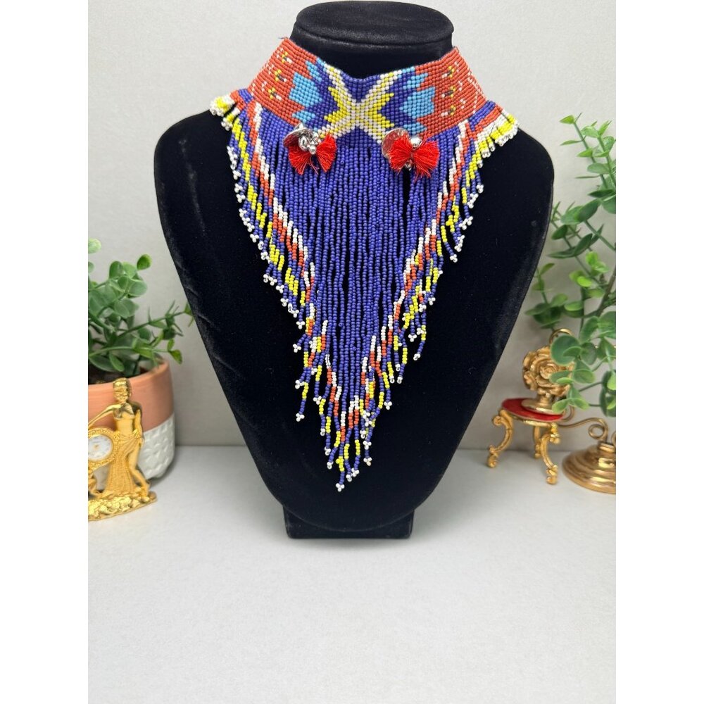Zara Tribal Native inspired Beaded Bib Fringe Necklace Statement Bold Color - Picture 2 of 10